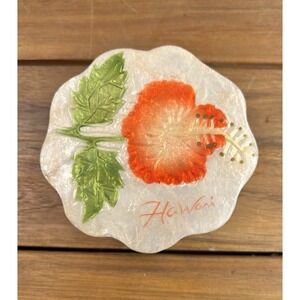Vintage Hawaiian Capiz Shell Trinket Box Habiscus Flower Made In Philippines